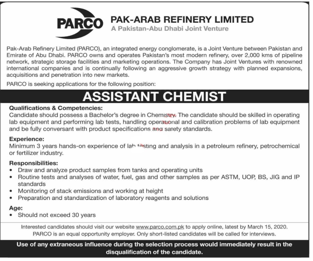 PARCO Pakistan Jobs 2020 for Assistant Chemist Latest Advertisement