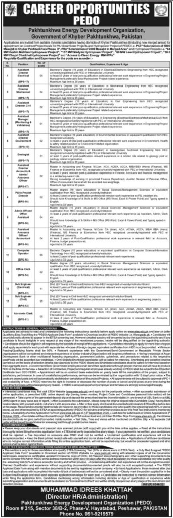 Pakhtunkhwa Energy Development Organization Jobs 2022 latest Advertisement