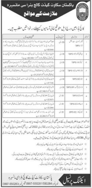 Scouts Cadet College Jobs 2022 latest Advertisement