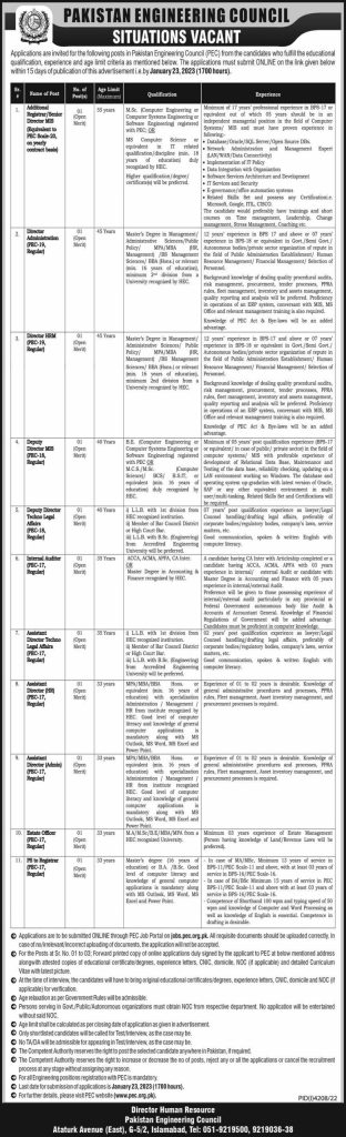 Pakistan Engineering Council Jobs 2023 latest Advertisement