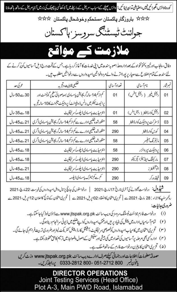 Joint Testing Services Jobs 2021 latest Advertisement