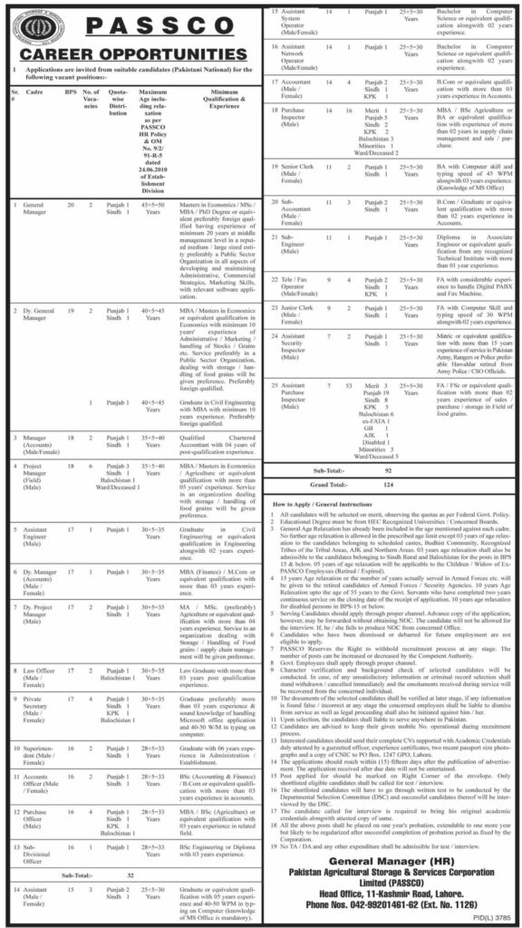 PASSCO Jobs 2020 latest Advertisement