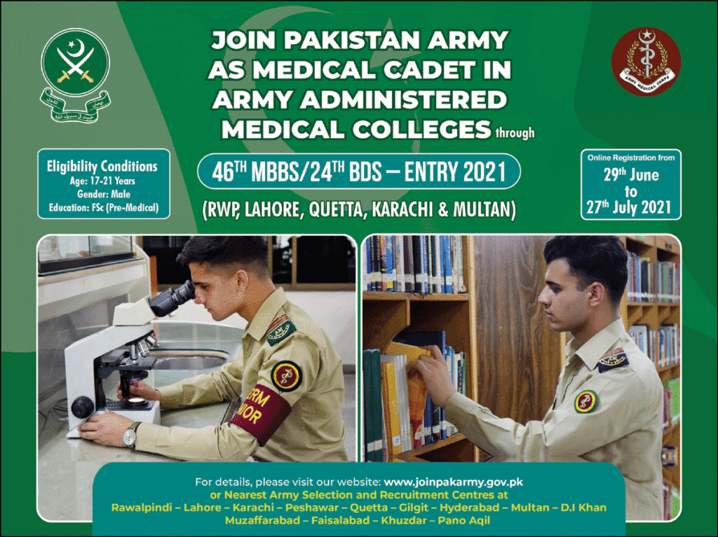 Pakistan Army As Medical Cadet Jobs 2021 latest Advertisement