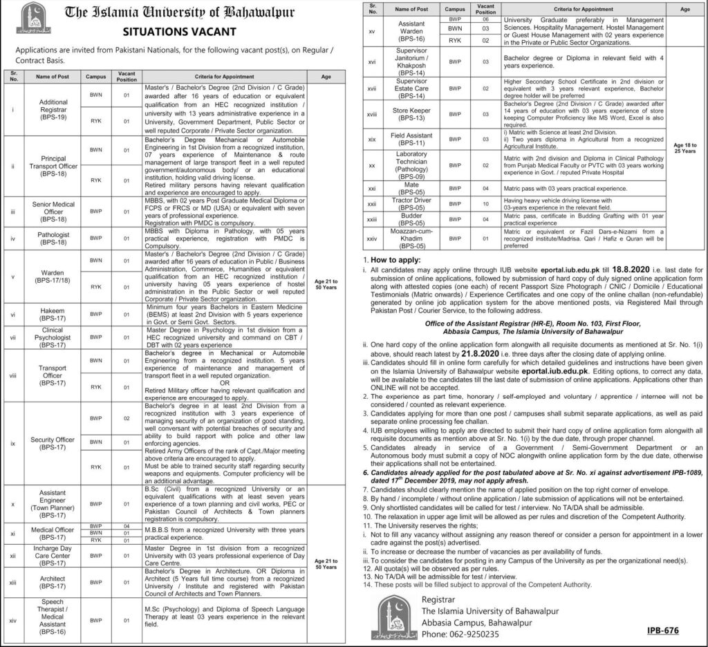 The Islamia University Jobs 2020 latest Advertisement