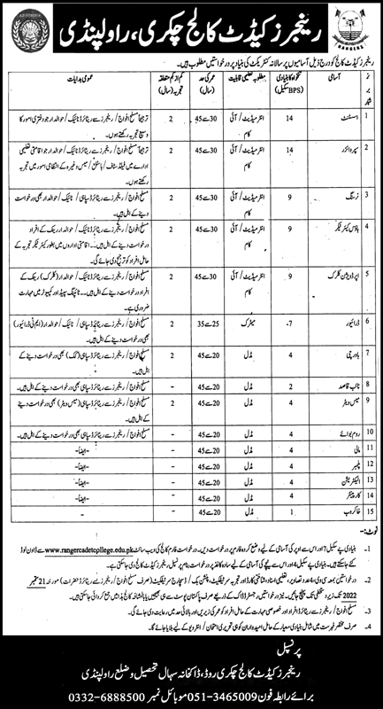 Rangers Cadet College Chakri Jobs 2022 latest Advertisement