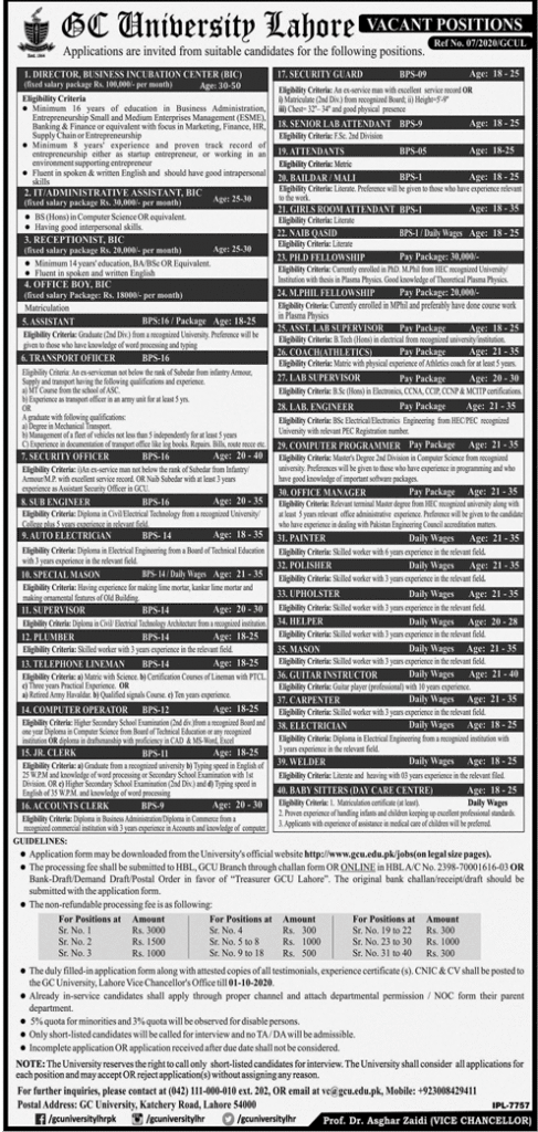 Govt College GC University Jobs 2020 latest Advertisement