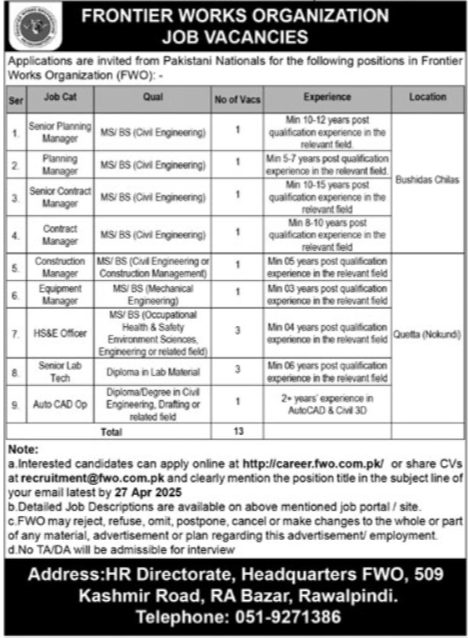 Frontier Works Organization FWO Jobs