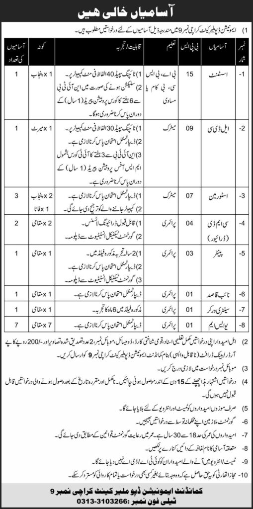 Ammunition Depot Malir Cantt Jobs 2021 latest Advertisement