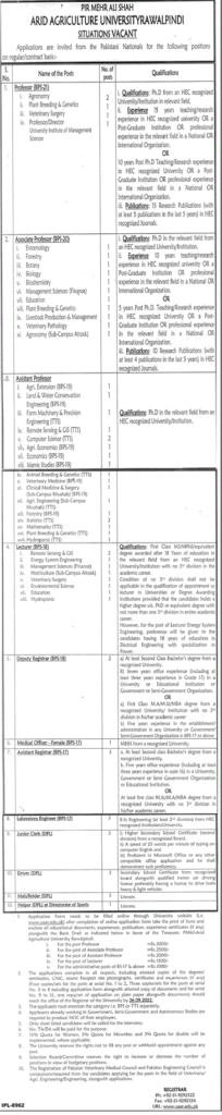 Arid Agriculture University Jobs 2022 latest Advertisement