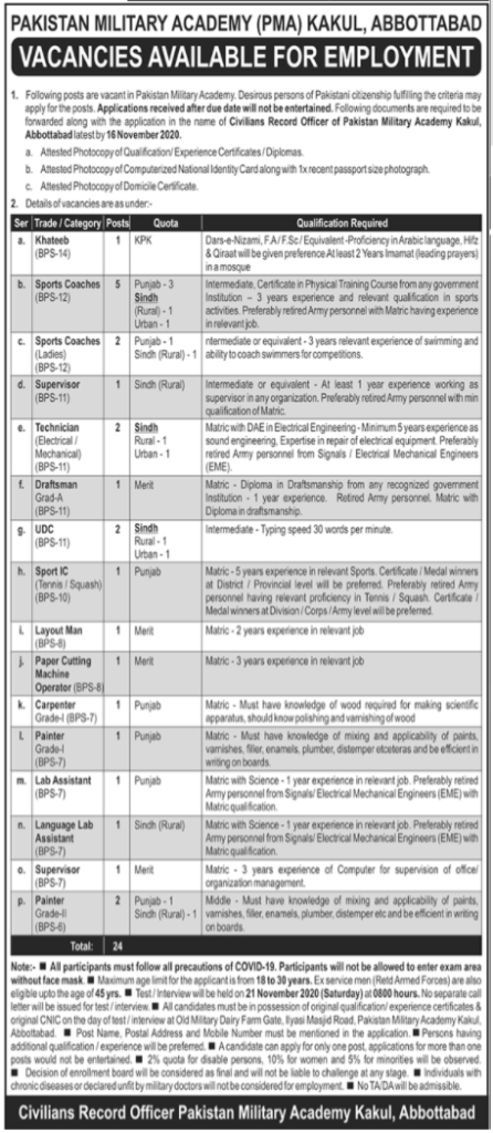 Pakistan Military Academy Kakul Jobs 2020 latest Advertisement