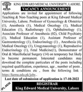 KEMU Lahore Teaching & Non-Teaching Jobs 2022 latest Advertisement