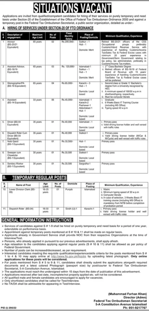 Federal Tax Ombudsman Secretariat Jobs 2022 latest Advertisment