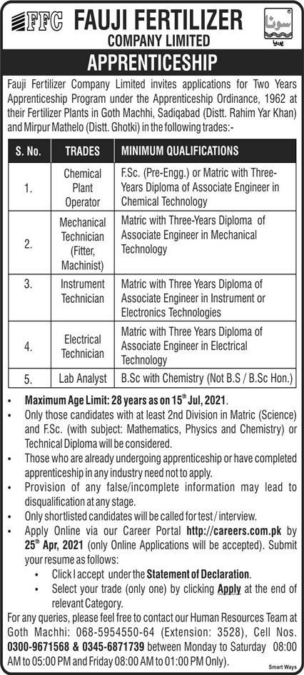 Fauji Fertilizer Company Limited Jobs 2021 latest Advertisement