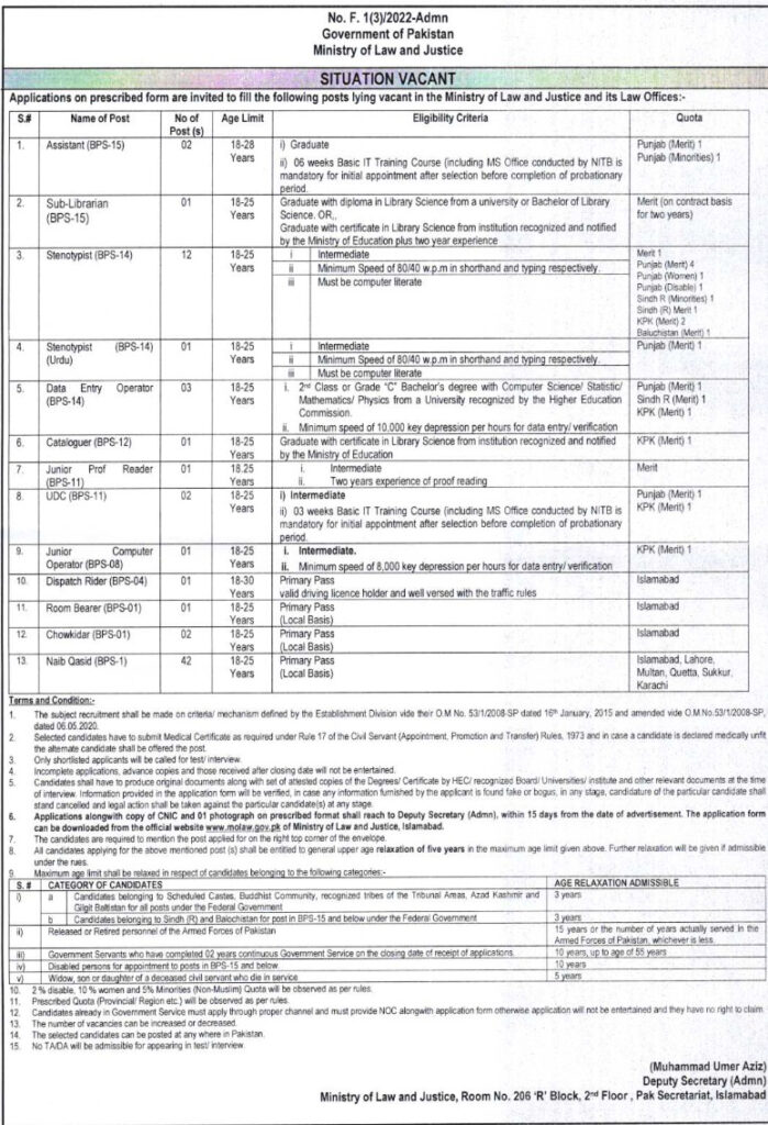 Ministry of Law and Justice Jobs 2022 latest Advertisement