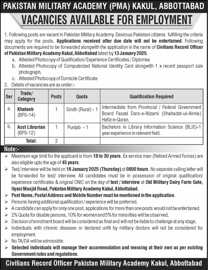 Pak Military Academy PMA Kakul Jobs