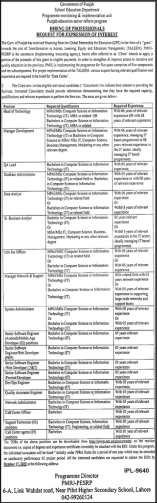 School Education Department Punjab Jobs 2022 Latest Advertisement