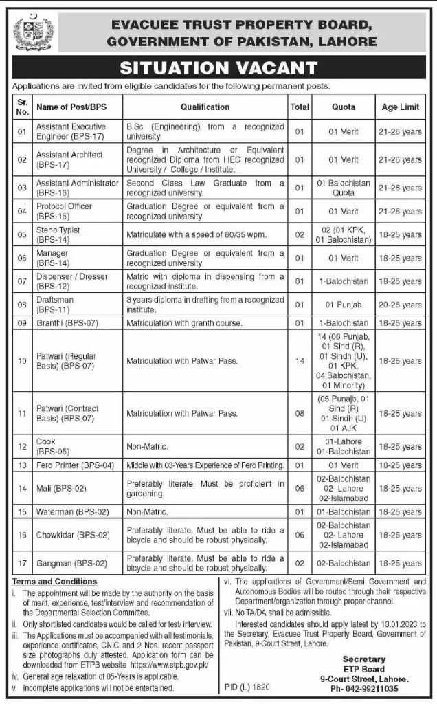 Evacuee Trust Property Board Jobs 2022 latest Advertisement