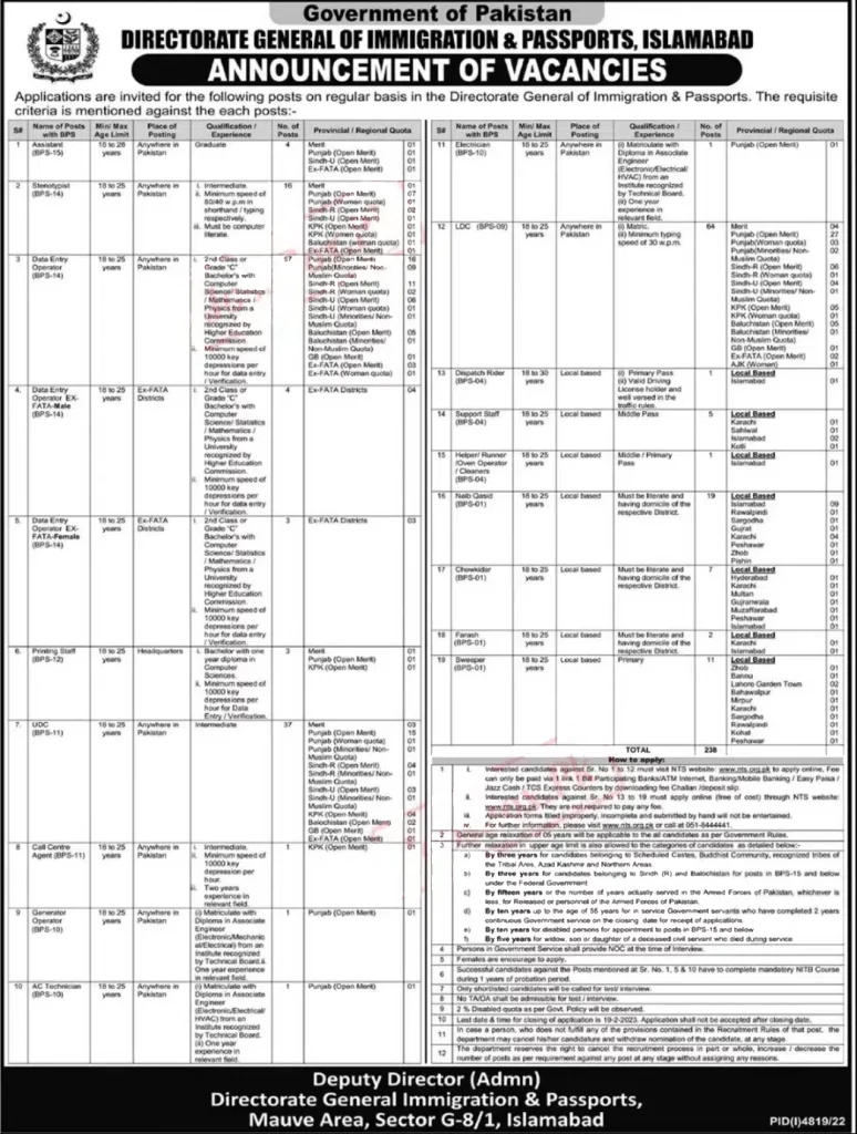 Immigration and Passports Jobs 2023 latest Advertisement