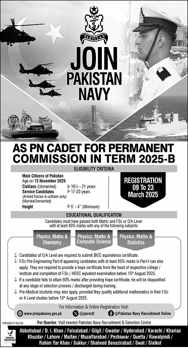 Pakistan Navy as PN Cadet Jobs