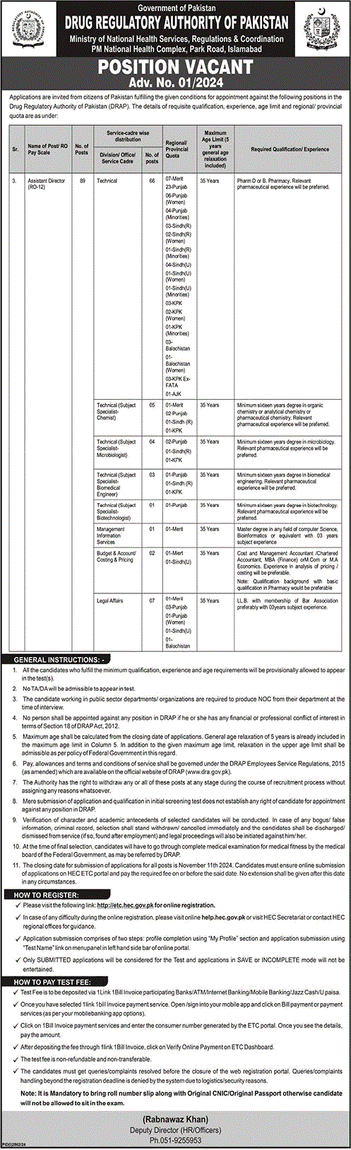 Drug Regulatory Authority Jobs 