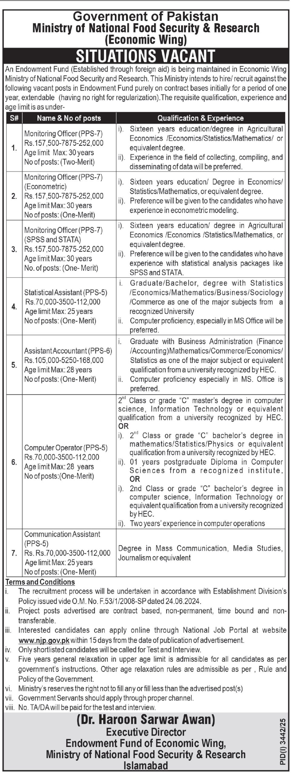 Ministry of National Food Security & Research jobs