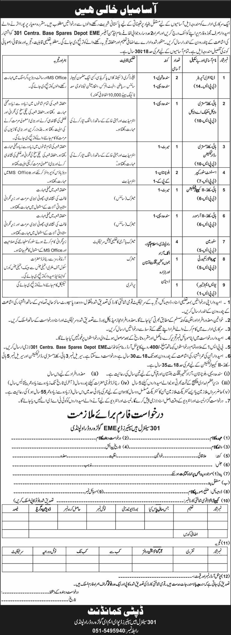 Pak Army 301 Central Base Spares Depot EME jobs