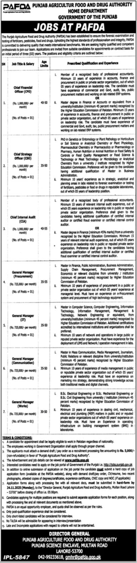 Punjab Agriculture Food & Drug Authority jobs