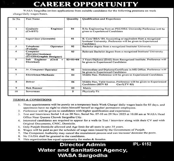 Water and Sanitation Agency WASA jobs