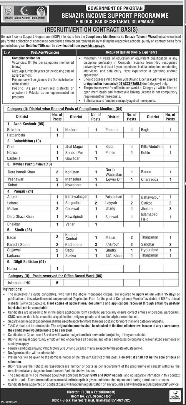 Benazir Income Support Programme jobs