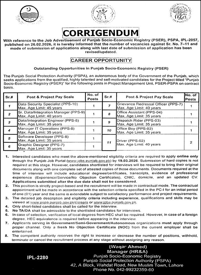 Punjab Socio Economic Registry jobs