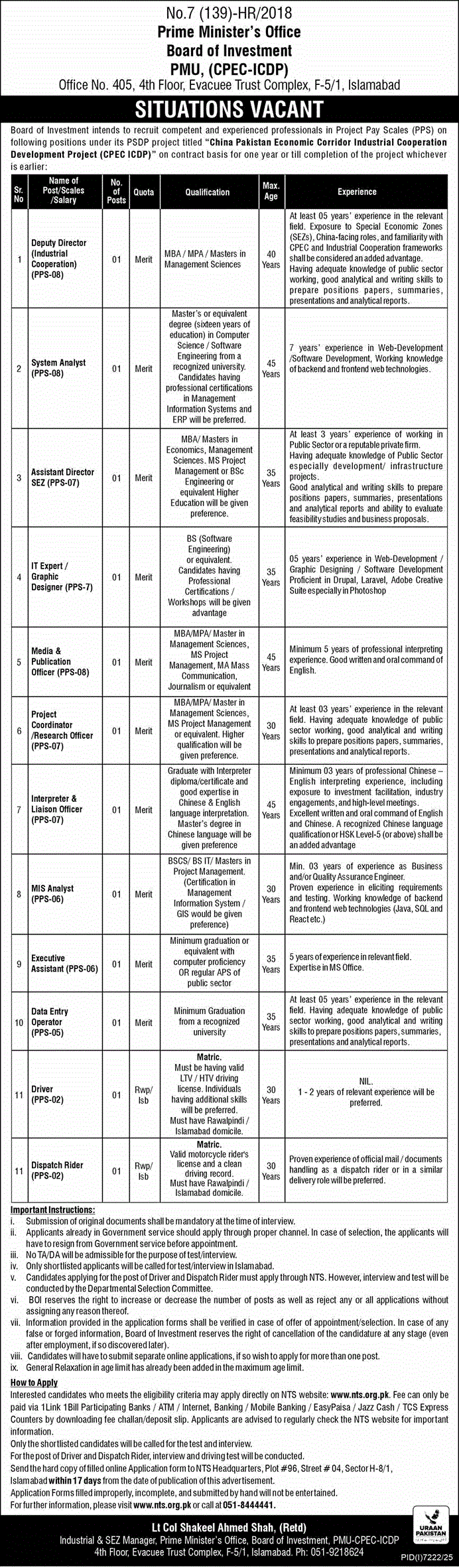 Board of Investment Islamabad NTS jobs